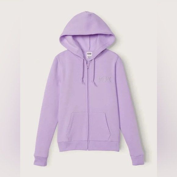 NEW Victoria's Secret PINK Fleece Zip Up Hoodie Purple Petal Glitter Logo - Picture 2 of 9